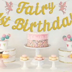 Fairy 1st Birthday Banner, Cute Fairies 1st Birthday Party Decorations, Flower Fairy Girl Happy First Birthday Anniversary Baby Shower Party Supplies Gold Rose Gold