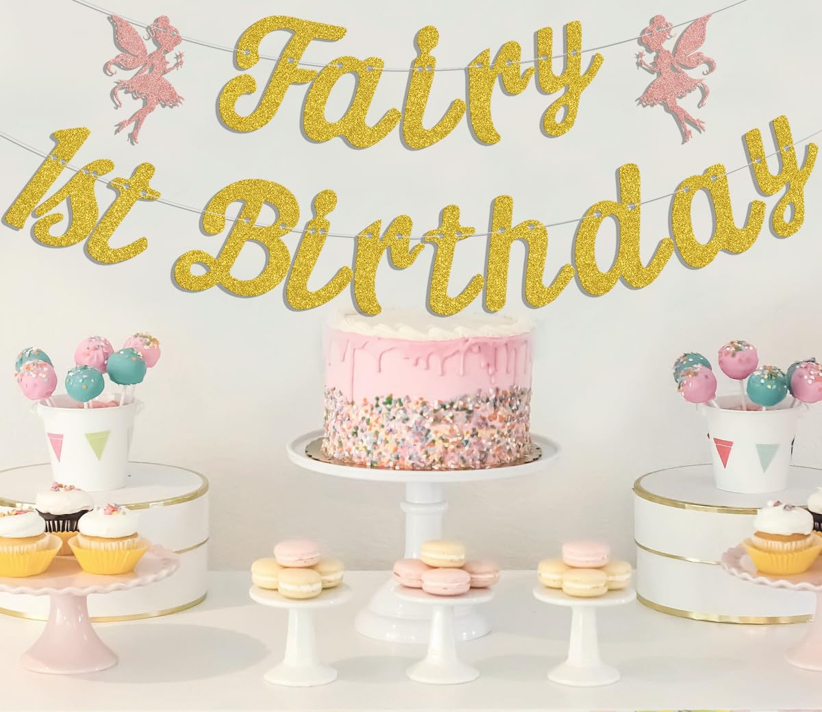 Fairy 1st Birthday Banner, Cute Fairies 1st Birthday Party Decorations, Flower Fairy Girl Happy First Birthday Anniversary Baby Shower Party Supplies Gold Rose Gold