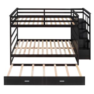 Full Over Full Bunk Bed with Stairs and Trundle, Kids Full Size Bunk Beds with Storage Drawers, Wood Trundle Bunk Beds with Guardrail for Kids Teens Adults,Espresso