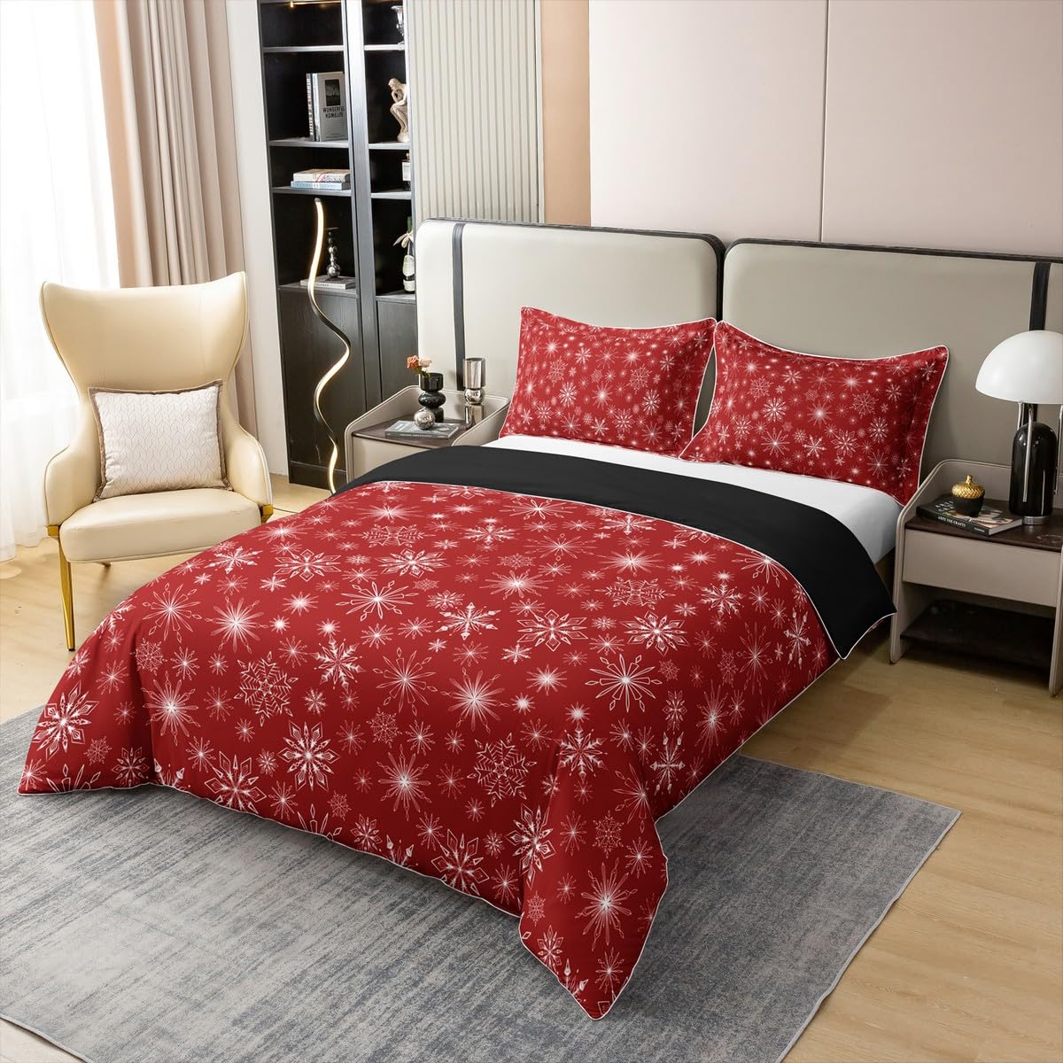 100% Cotton Red Christmas Duvet Cover King Girly Romantic Snowflake Bedding Set Princess Winter Comforter Cover Girls Modern Style Quilt Cover Bedroom Decor Red Floral Bed Set with 2 Pillow Cases