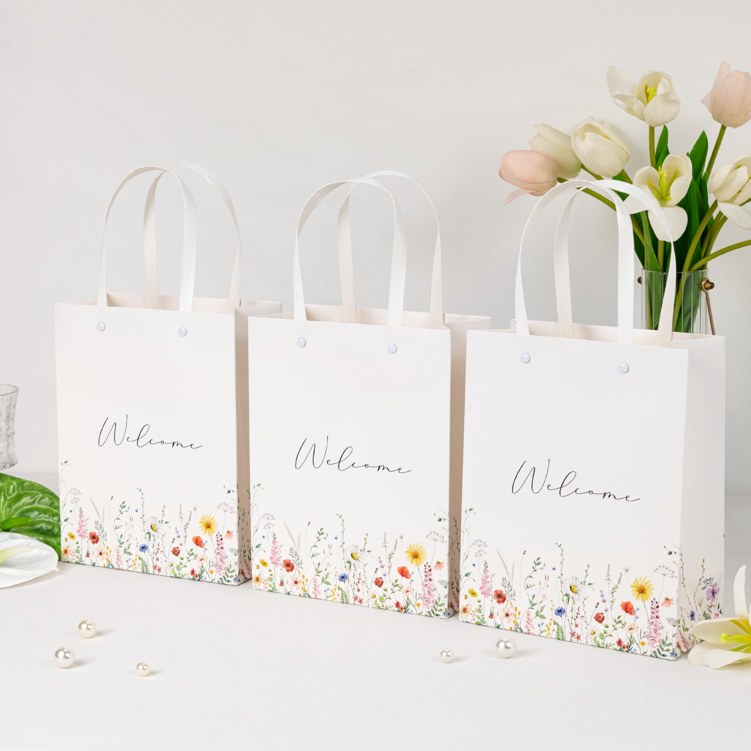 Crisky Wildflower Welcome Bags for Wedding Hotel Guests, Candy Buffet Bags, Wedding Gift Bridal Baby Shower Favor Bags, 10"x8"x4", 25 pcs