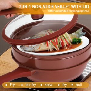 Qivine Non-Stick Clay Wok,12.6 Inch Pottery Clay Frying Pan 2 in 1 Multifunctional Cooking Pan with Steamer Basket Frying Pan and Steamer Micro Pressure Pot