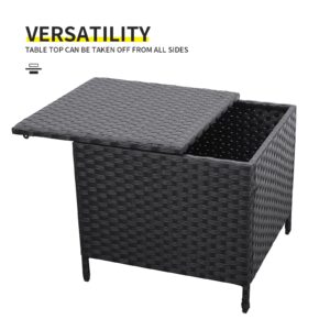 Lviden Outdoor Wicker Storage Side Table, Patio Black PE Rattan End Table with Storage, Square Container for Furniture Covers, Toys, and Gardening Tools