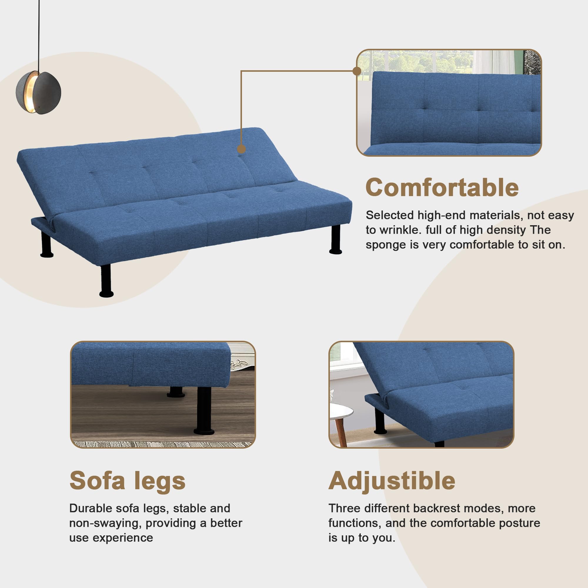 SumKea Convertible Flannel Sofa Adjustable Futon Couch Bed with Sturdy Legs for Living Room and Bedroom, Blue