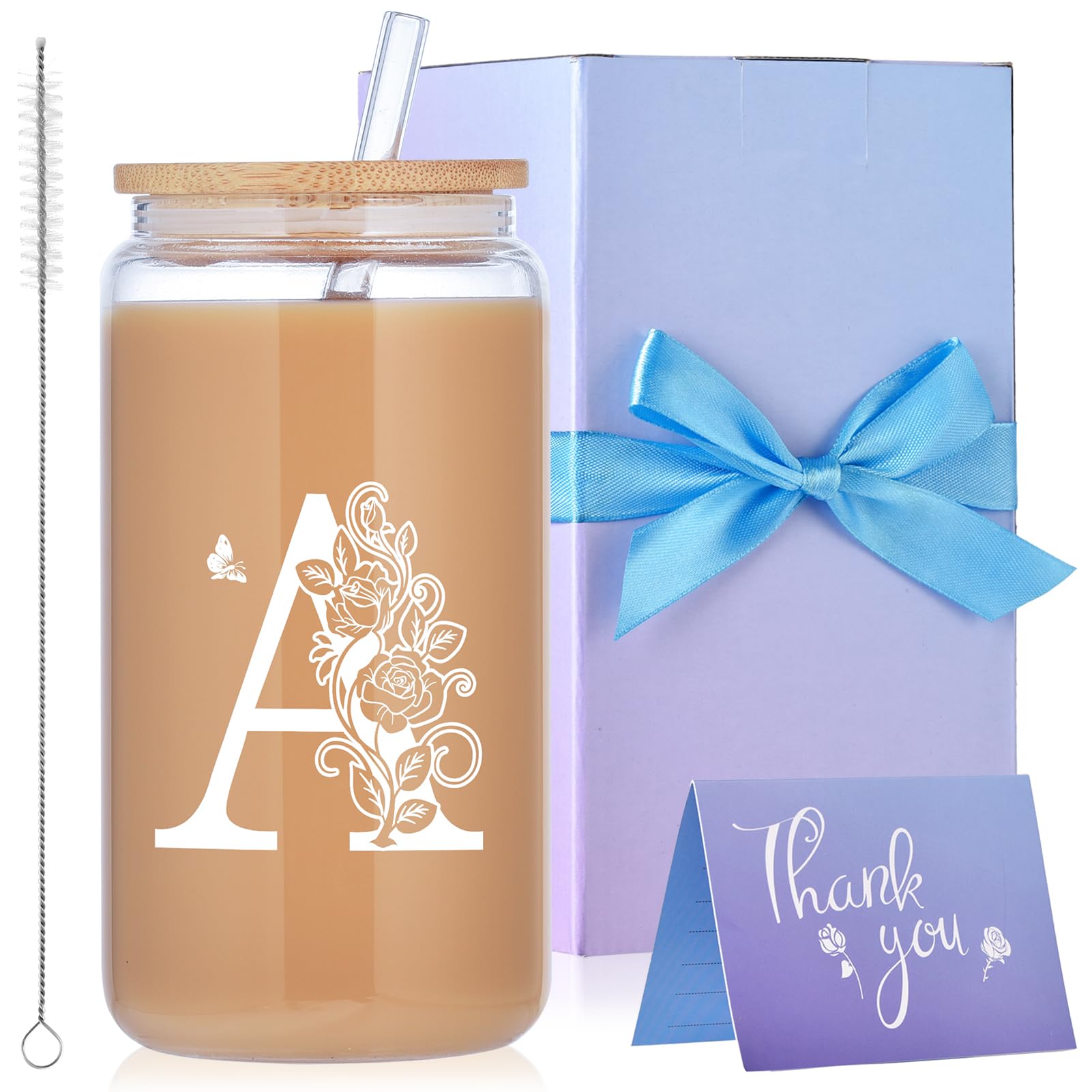 MAFYE Initial Glass Cups with Lids and Straws, Monogrammed Present for Women, 16oz Beer Glass Tumbler, Iced Coffee Mug, Personalized Present with Box and Card. Women's Day Birthday Present for Her