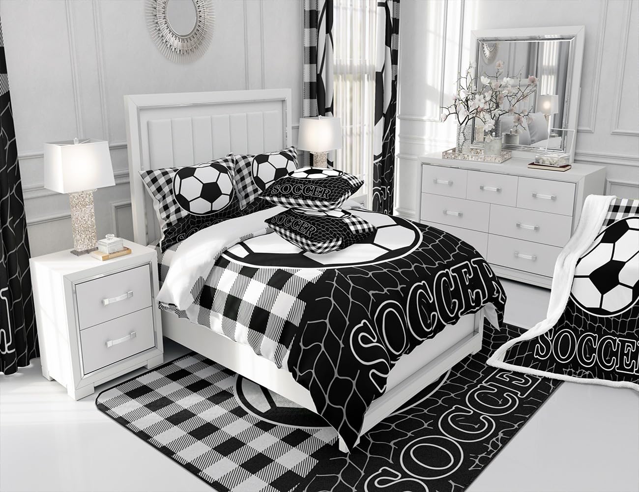 Feelyou Soccer Bedding Set for Girls Boys Kids Twin Size Black White Comforter Cover Set Room Decorative Geometric Pattern Duvet Cover Sports Theme Bedspread Cover 2Pcs Bedclothes