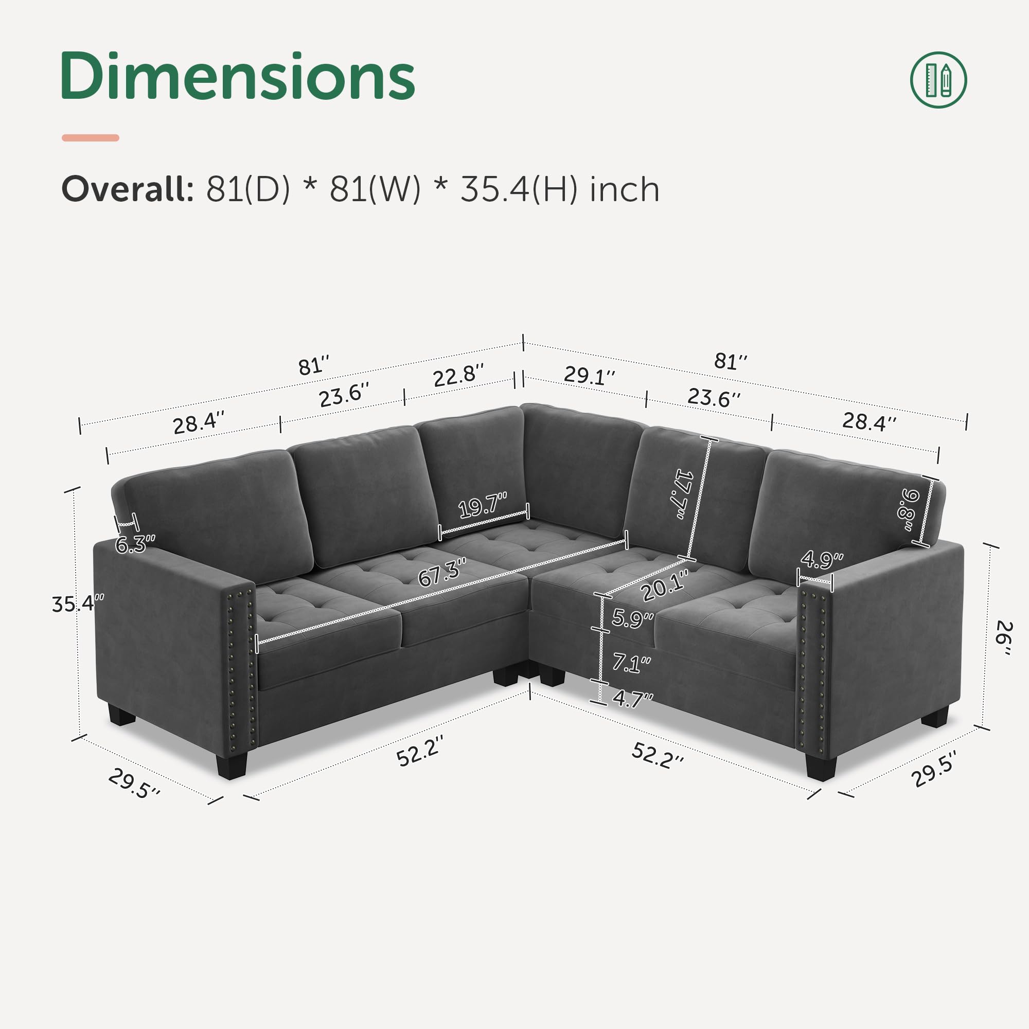 HONBAY Velvet Convertible Sectional Sofa L Shaped Couch Reversible 4 Seat Corner Sectional Sofa for Small Space, Grey