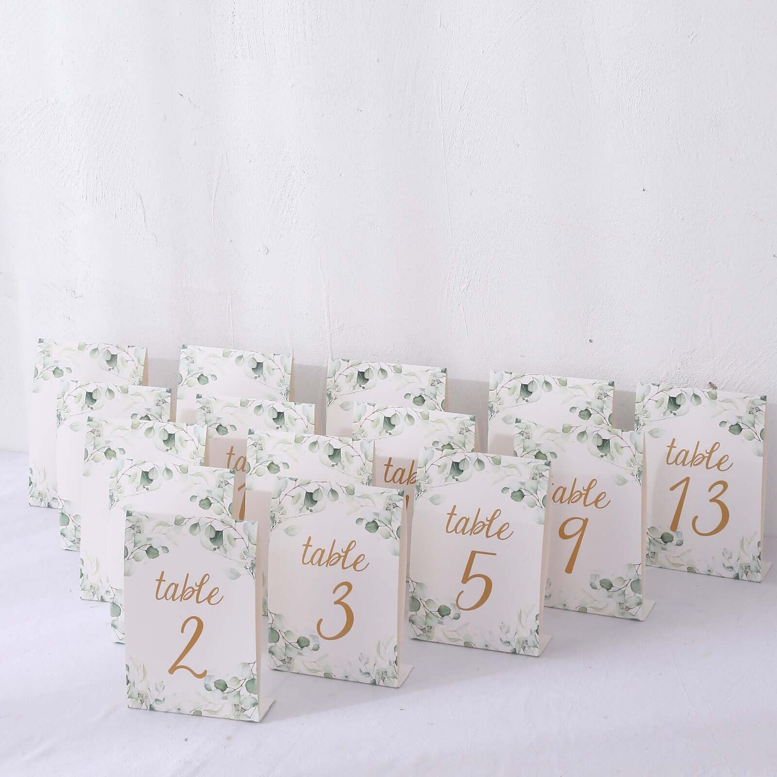 Efavormart 25 Pack White Green Double Sided Paper Wedding Table Numbers with Eucalyptus Leaves and Gold Foil Numbers Print, 7" Free Standing Table Sign Cards 1-25