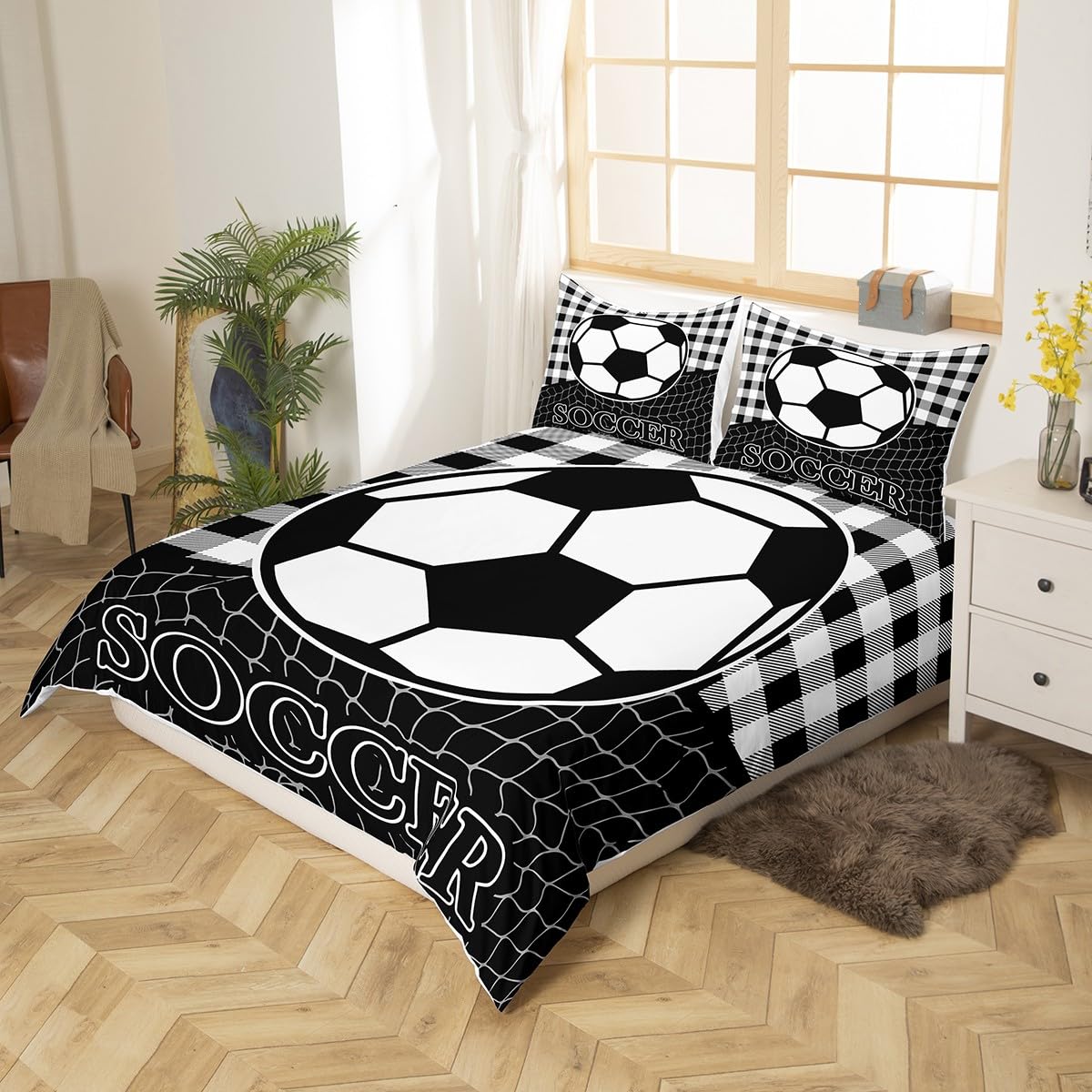 Feelyou Soccer Bedding Set for Girls Boys Kids Twin Size Black White Comforter Cover Set Room Decorative Geometric Pattern Duvet Cover Sports Theme Bedspread Cover 2Pcs Bedclothes