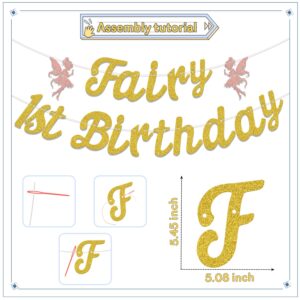 Fairy 1st Birthday Banner, Cute Fairies 1st Birthday Party Decorations, Flower Fairy Girl Happy First Birthday Anniversary Baby Shower Party Supplies Gold Rose Gold