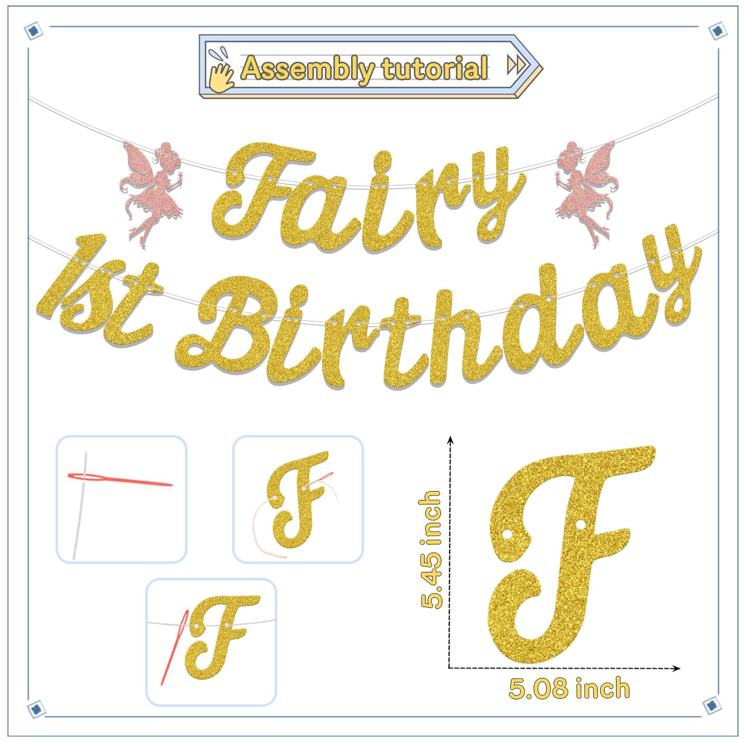 Fairy 1st Birthday Banner, Cute Fairies 1st Birthday Party Decorations, Flower Fairy Girl Happy First Birthday Anniversary Baby Shower Party Supplies Gold Rose Gold