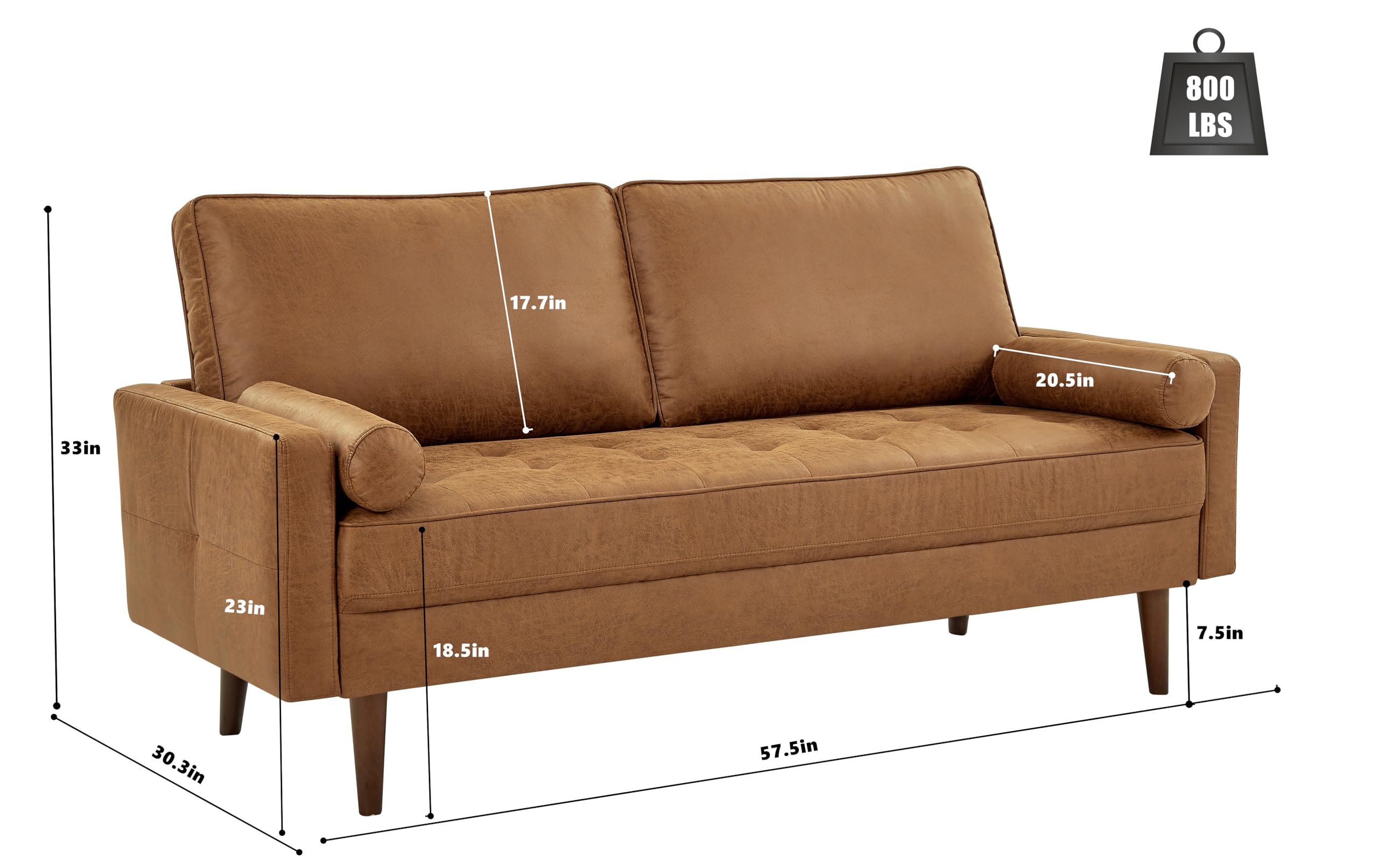 HIFIT 58" Loveseat Sofa Couch, Mid Century Modern Faux Leather Couch with Hand-Sewn Deep Love Seat & 2Pillows, Home Sofa Living Room Small Couches for Small Space,Bedroom,Office,Solid Wood Frame,Brown