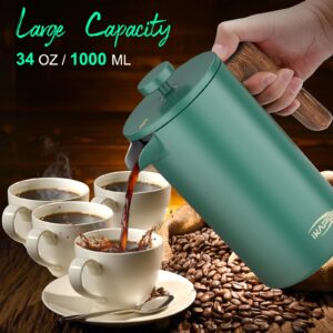 IKAPE French Press Coffee Maker, 34 OZ 304 Stainless Steel Espresso Coffee & Tea Maker with 4 Level Filtration System(Green)