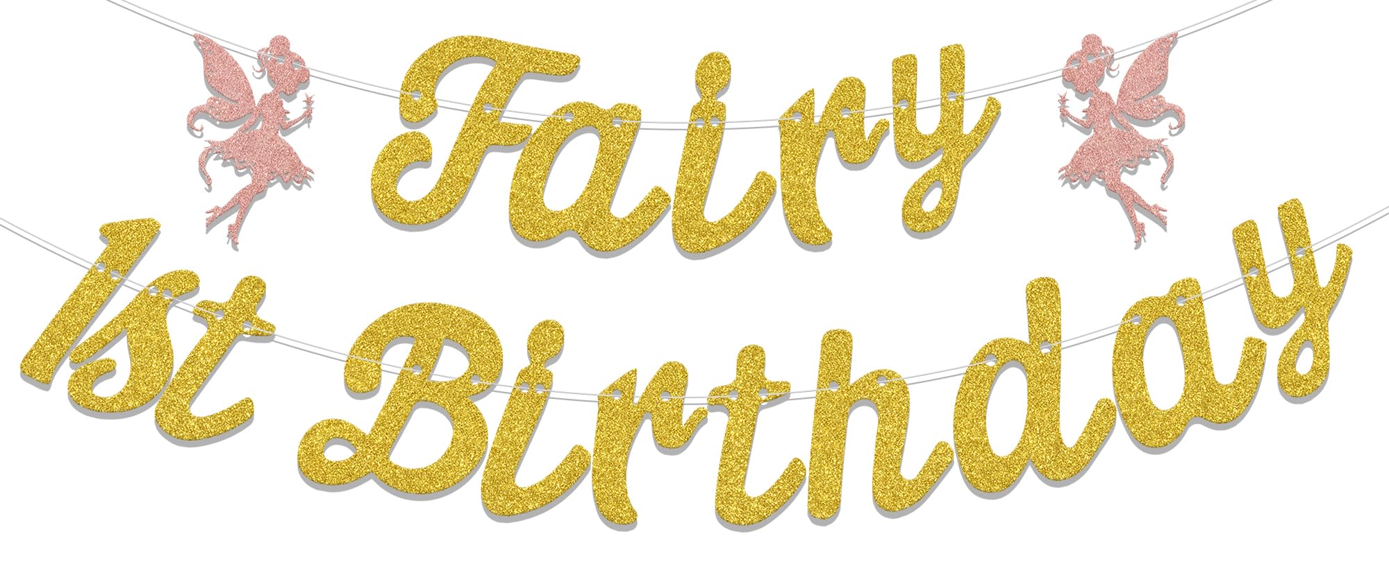 Fairy 1st Birthday Banner, Cute Fairies 1st Birthday Party Decorations, Flower Fairy Girl Happy First Birthday Anniversary Baby Shower Party Supplies Gold Rose Gold