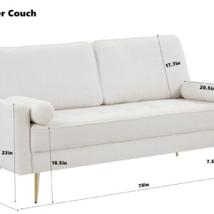 HIFIT 70" White Loveseat Sofa Couch, Mid Century Modern Fluffy Couch with Deep Love Seat & 2 Pillow, Comfy 3-Seater Home Sofa Living Room Small Couches for Small Space,Bedroom,Office, Solid Wood Frame