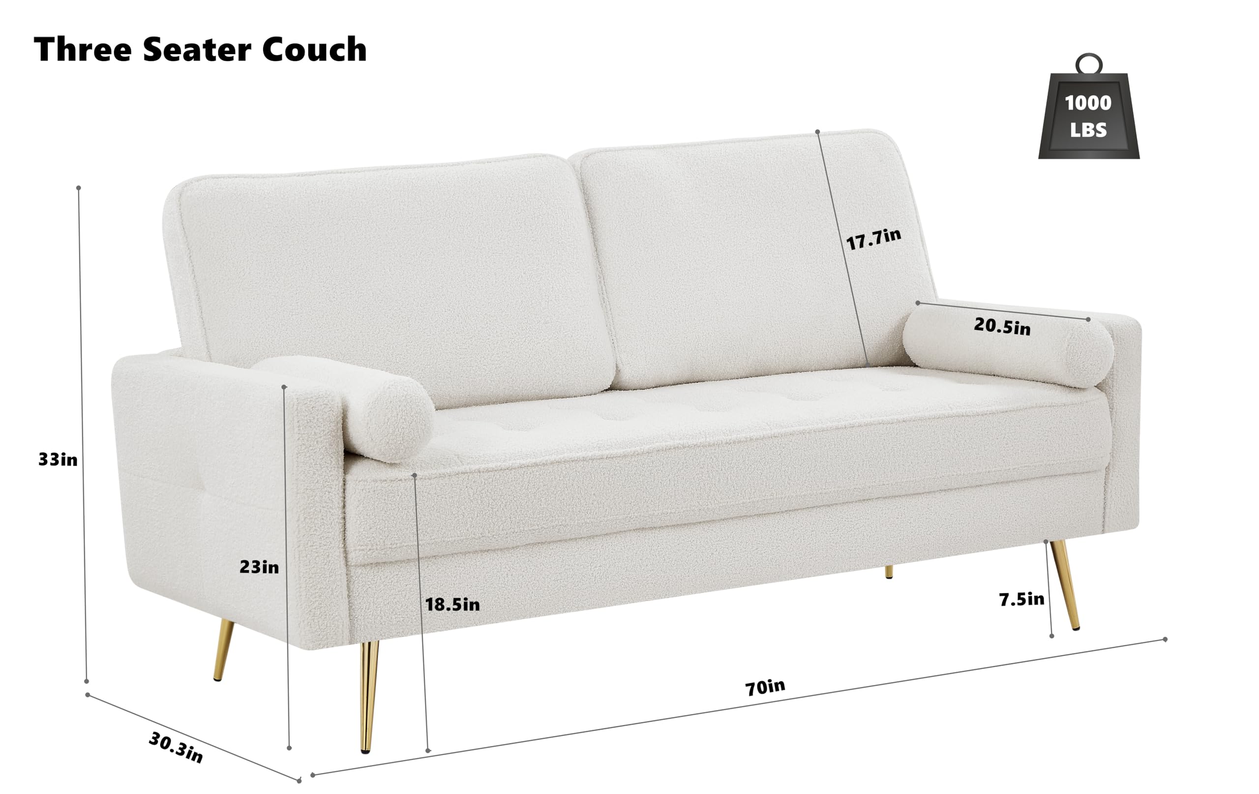 HIFIT 70" White Loveseat Sofa Couch, Mid Century Modern Fluffy Couch with Deep Love Seat & 2 Pillow, Comfy 3-Seater Home Sofa Living Room Small Couches for Small Space,Bedroom,Office, Solid Wood Frame