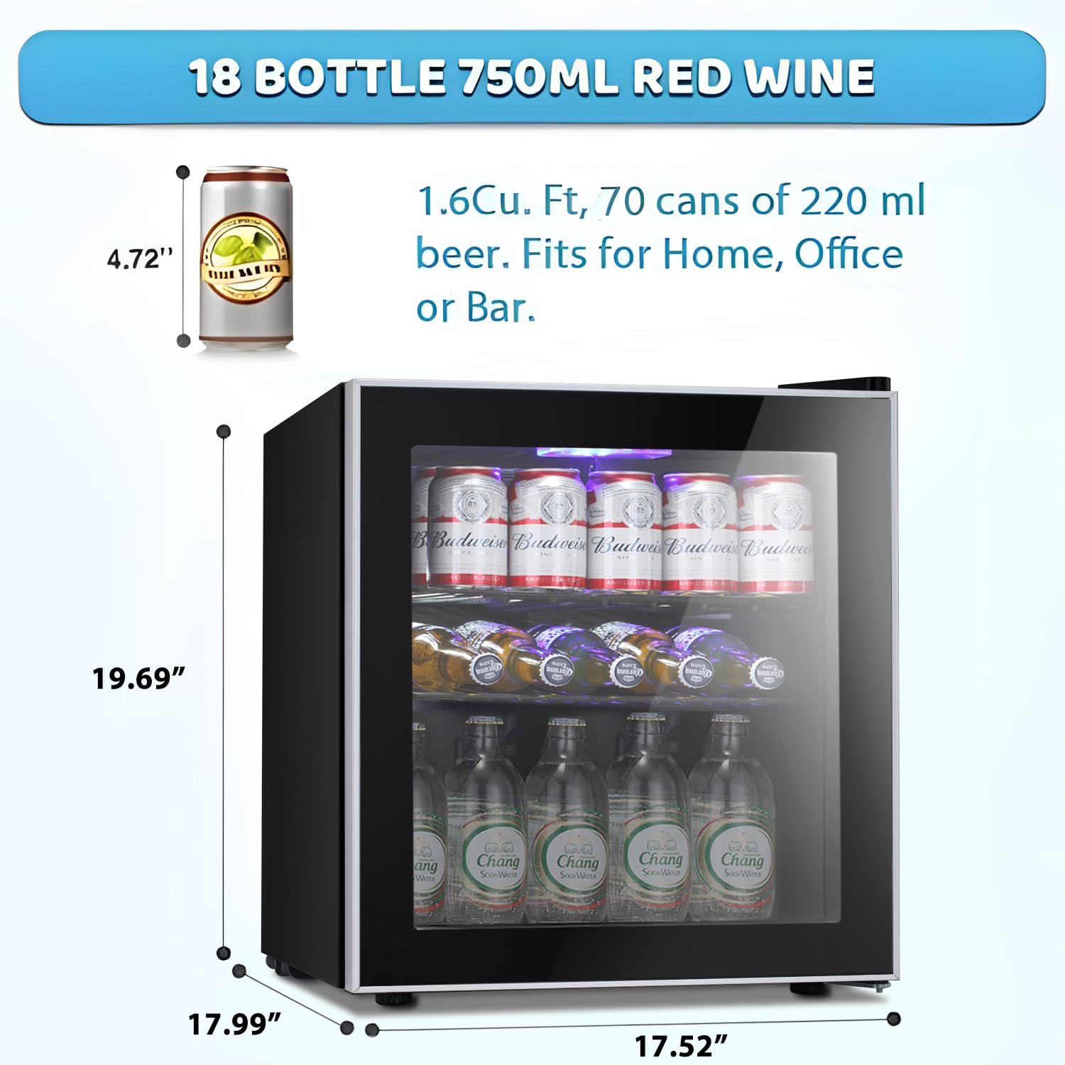 Antarctic Star 70 Can Mini Fridge Cooler - Beverage Refrigerator Black Glass Door for Beer Soda or Wine, Small Drink Dispenser Machine Clear Front Removable for Home, Office or Bar, 1.6cu.ft.