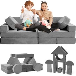 kids couch 14 pc modular kids play couch set – convertible kids sofa couch with soft foam sofa cushions | kids fort couch, kid couch play room furniture, grey