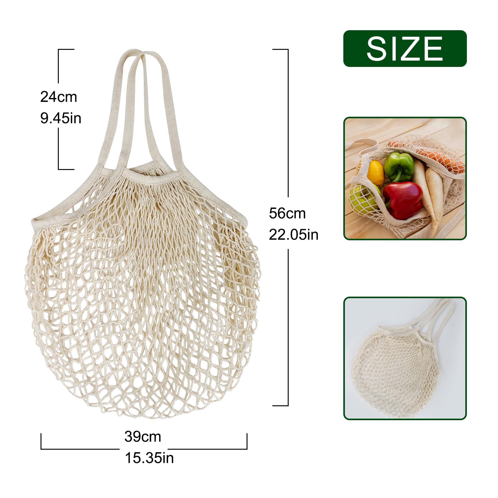 Mordx 2 Pack Premium Mesh Grocery Bags,100% Cotton String Mesh Bags,Long Handle Net Tote Bags,Reusable Produce Bags,Washable,Portable，Fruit and Vegetable Storage Bags,Beige