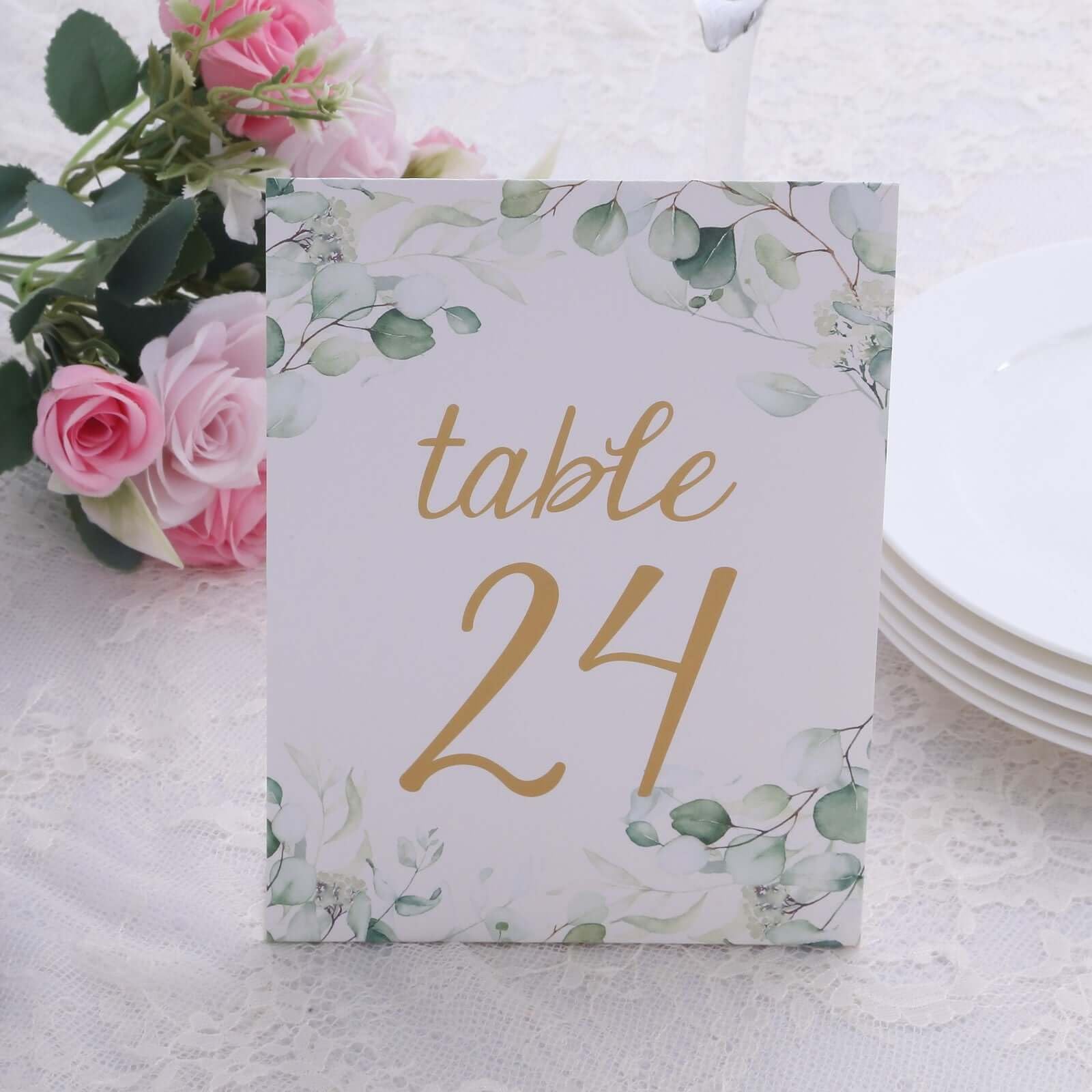 Efavormart 25 Pack White Green Double Sided Paper Wedding Table Numbers with Eucalyptus Leaves and Gold Foil Numbers Print, 7" Free Standing Table Sign Cards 1-25