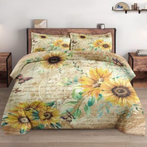 wecozy comforter set queen size, flower rustic thanksgiving soft 3 pcs bedding set with 2 pillowcases for kids and adults, sunflower floral yellow comforter set for bedroom bed decor