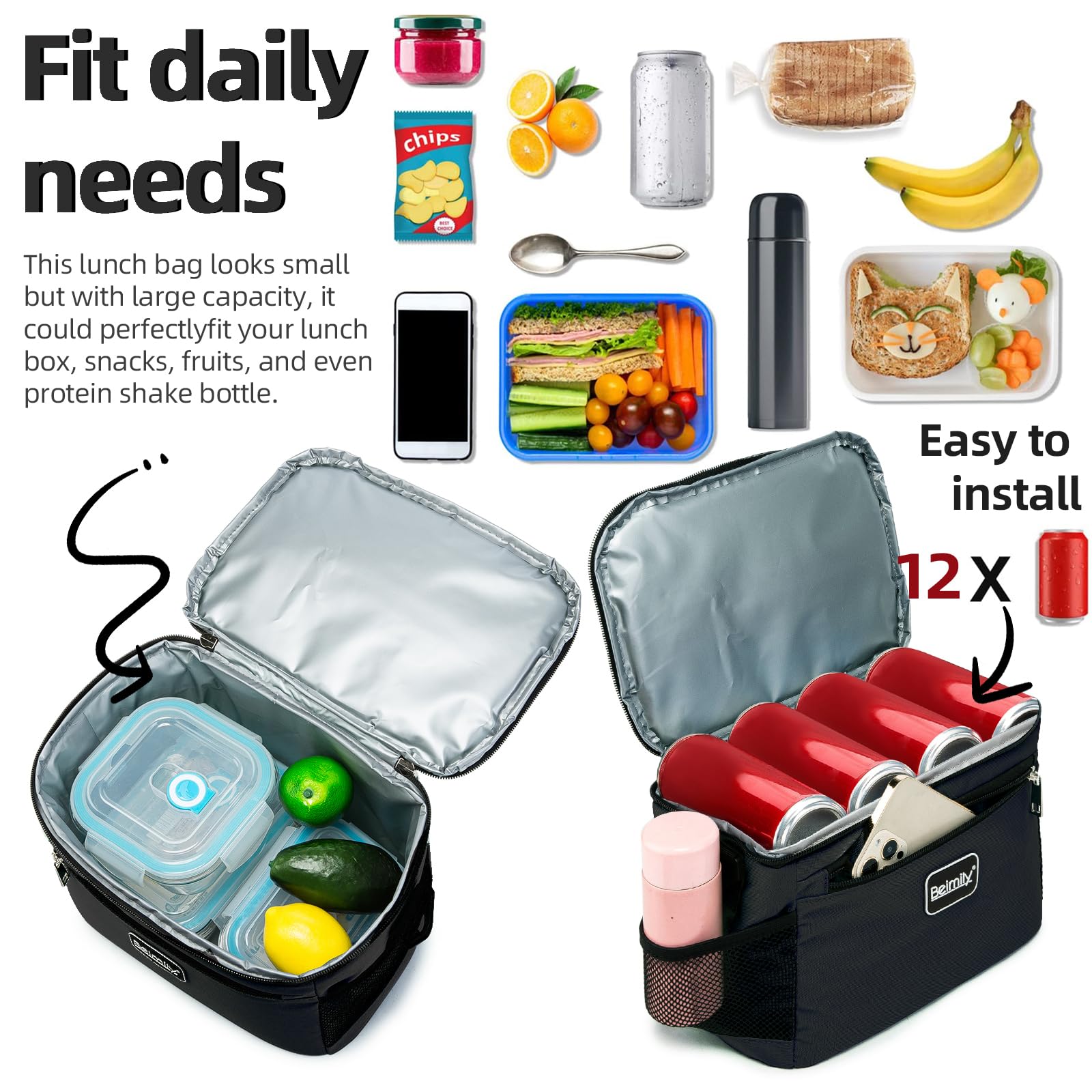 BEIMILY Lunch Box for Men/Women,Lunch Bag,Small Insulated Lunch Soft Cooler Bag Tote,Small Lunch Bag for Work,Adult Lunch Box,Reusable Leakproof Lunch Bag with Adjustable Shoulder Strap(Black)