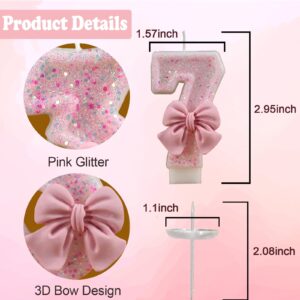 Pink Number 7 Birthday Candle, Girl 7th ​Birthday Party Pink Theme Decorations Supplies, 3D Bow Designed Glitter Pink Number Candles for Birthday Cake Topper Decorations (7 Candle Pink)