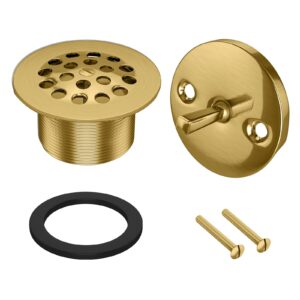 trip lever tub trim kit set with two hole trip lever overflow face plate, grid tub drain kit, bathtub drain assembly stopper kit, overflow and matching screws(brushed gold)