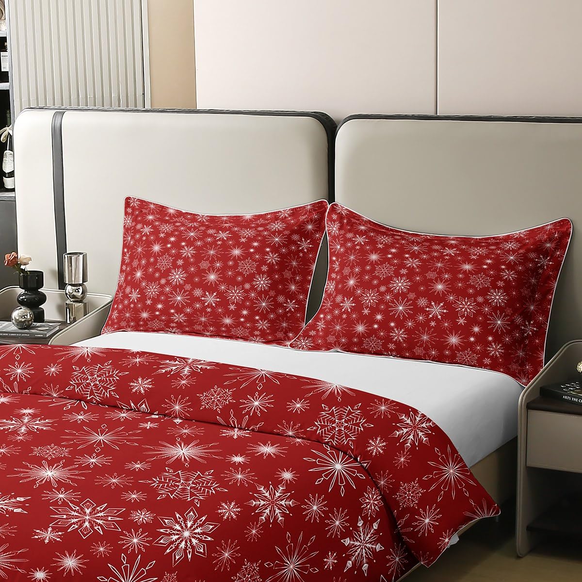 100% Cotton Red Christmas Duvet Cover King Girly Romantic Snowflake Bedding Set Princess Winter Comforter Cover Girls Modern Style Quilt Cover Bedroom Decor Red Floral Bed Set with 2 Pillow Cases