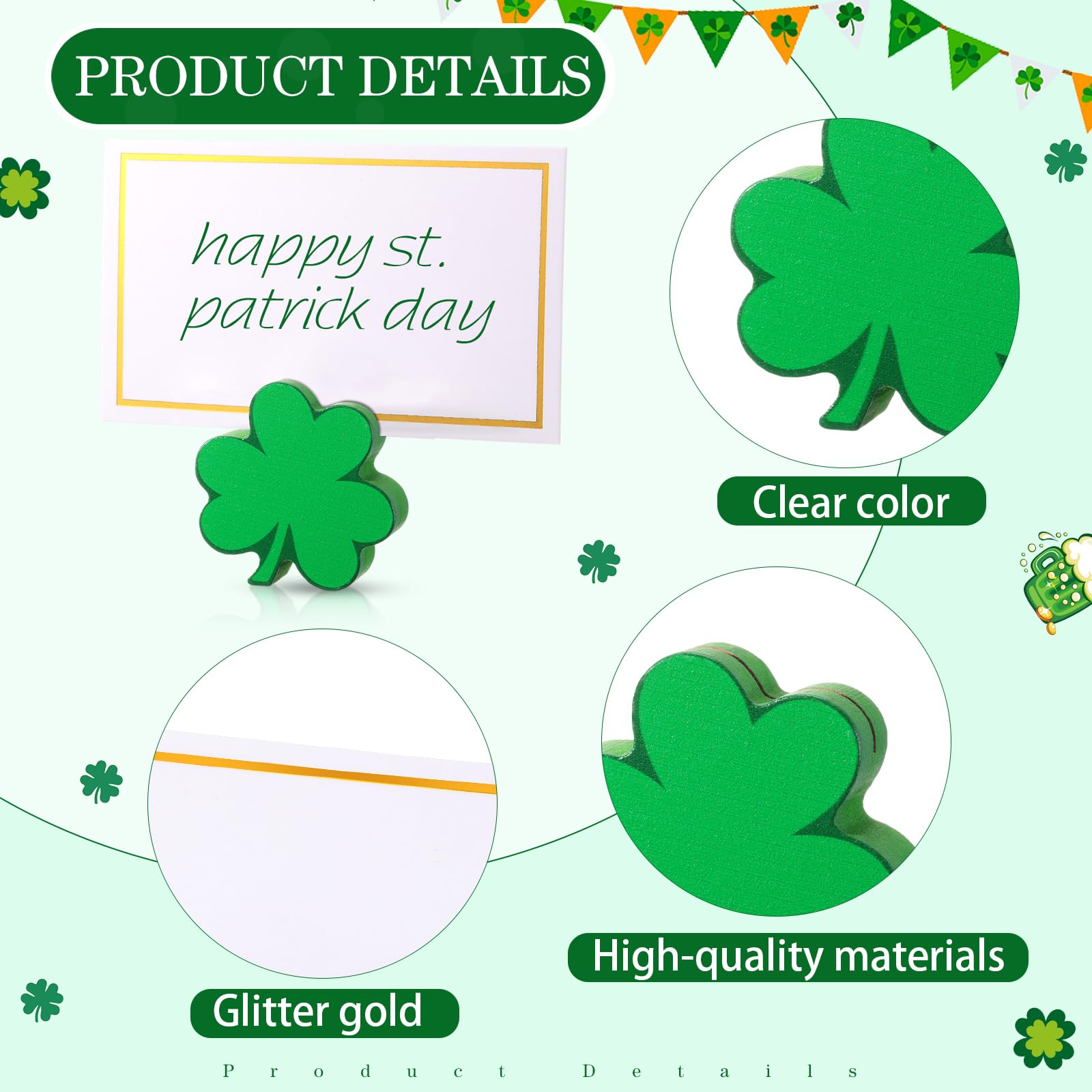 Kigley 18 Pcs St. Patrick Wooden Place Card Holder and 25 Pcs Gold Foil White Card Shamrock Wooden Table Sign Picture Number Sign Stands Holder for Spring Wedding Party Events