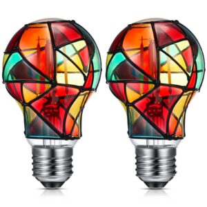 baquler 2 pcs stained glass led light bulb e26 base colorful lightbulb 120v flickering lightbulb bulbs for christmas xmas home balcony garden party decoration (a60)