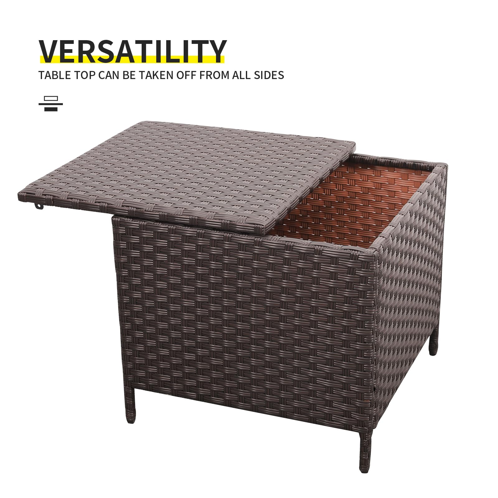 Lviden Outdoor Wicker Storage Side Table, Patio Brown PE Rattan End Table with Storage, Square Container for Furniture Covers, Toys, and Gardening Tools