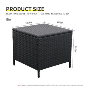 Lviden Outdoor Wicker Storage Side Table, Patio Black PE Rattan End Table with Storage, Square Container for Furniture Covers, Toys, and Gardening Tools