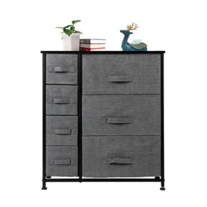 7-Drawer Fabric Dresser Tower, Fabric Storage Chest Tower, Steel Frame, Wood Top for Bedroom, Hallway, Closet Storage Unit Organize Home, Entryway, Stable, Lightweight, Versatile 66lb Capacity Grey