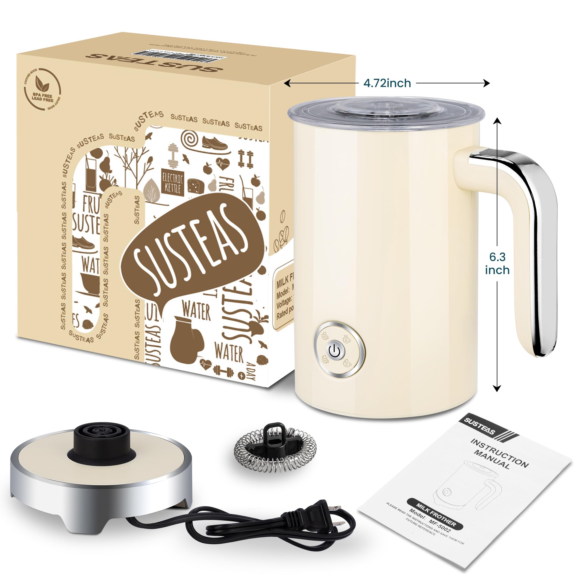 SUSTEAS Milk Frother and Steamer, Electric 4 in 1 Warm and Cold Foam Maker, Automatic Shut-Off Frother with Two Whisks for Latte, Cappuccino, Hot Chocolate, 500W, Beige, 8oz/240ml