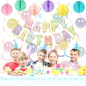 meowtastic Pastel Birthday Decorations - Macaron Happy Birthday Banner with Honeycomb, Smiley Face Hanging Swirl Streamer, Circle Dot Garland Decorations - Birthday Party Decorations for Boys Girls