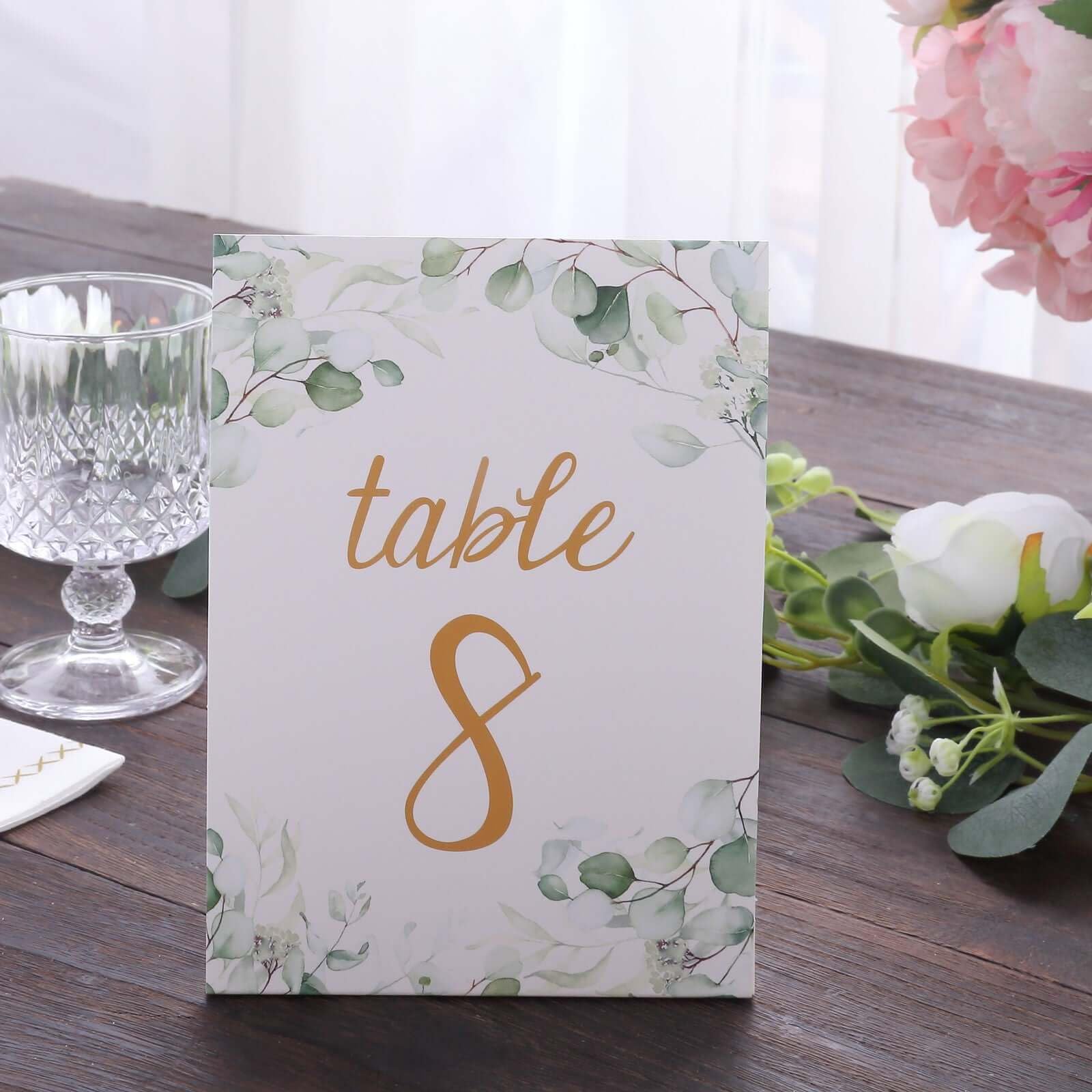 Efavormart 25 Pack White Green Double Sided Paper Wedding Table Numbers with Eucalyptus Leaves and Gold Foil Numbers Print, 7" Free Standing Table Sign Cards 1-25