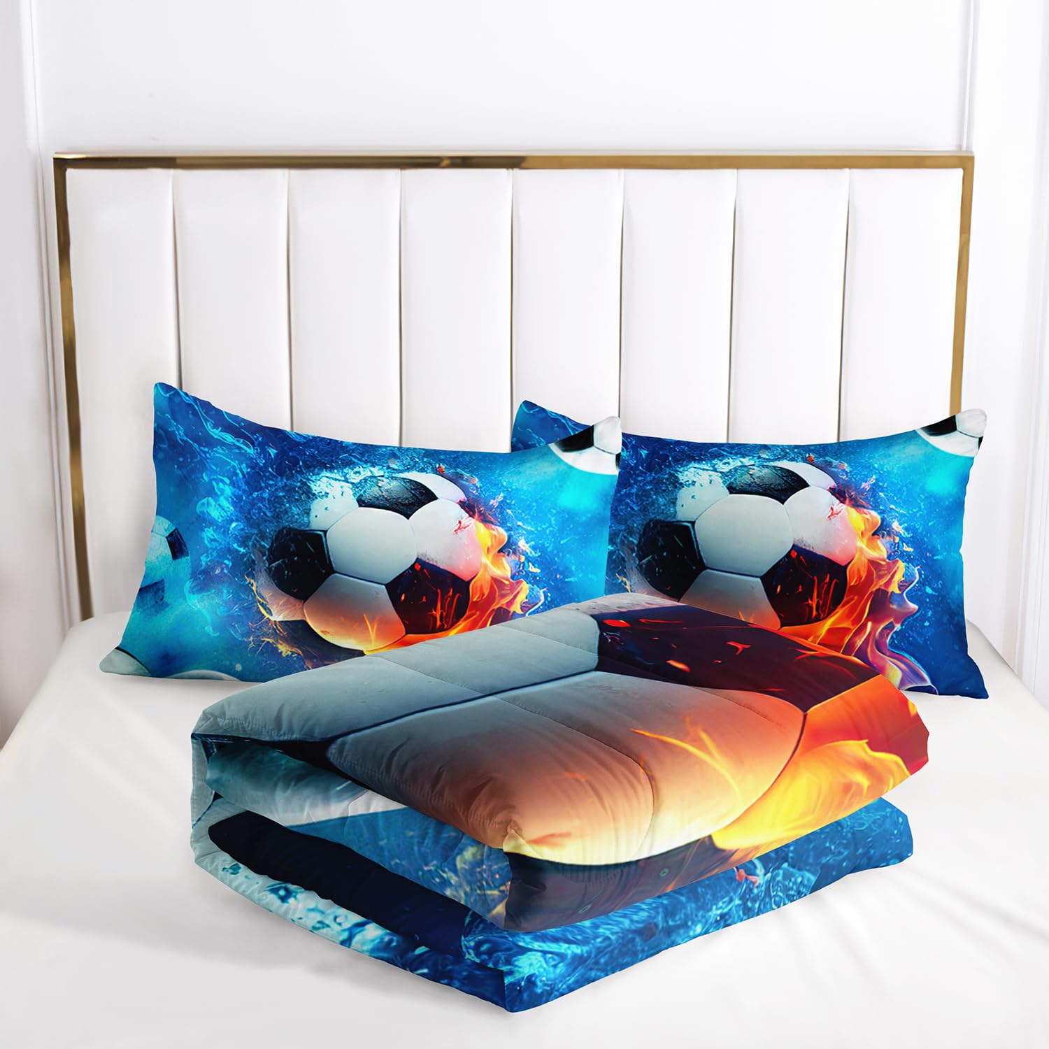 AILONEN Soccer Bedding Set Soccer Ball Print Comforter Set, Full Size Ice and Flame Sport Boys Soccer Comforter Set,Football Bed in a Bag 3 Pieces, 1 Quilt and 2 Pillowcases