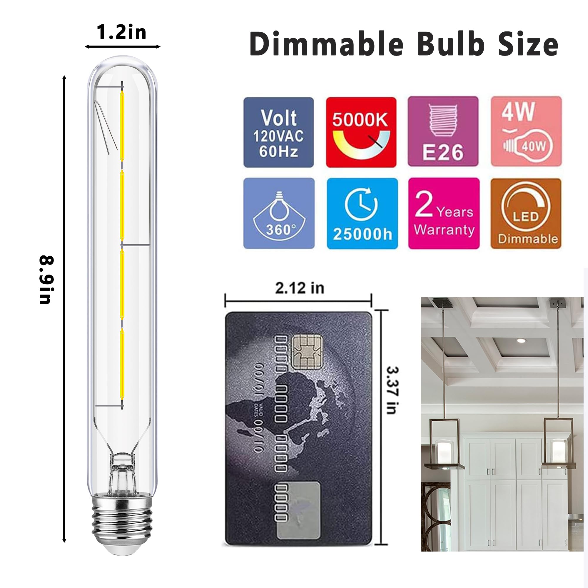 HOMOSUM T10 Led Long Bulbs,8W Dimmable Tubular Bulb,75 Watt Equivalent,E26 Edison Style Vintage LED Filament Light Bulb,3000K Soft White,8.9in(225mm),4-Pack. (8.9 Inch 4w=40w 5000k)