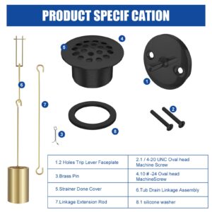 Tub Drain Linkage Assembly with Trip Lever and Strainer Done Cover, Trip Lever Overflow Faceplate Trim Kit with Screws, Fit for Trip Lever Bath Tub Waste and Overflow Drain(Matt Black)