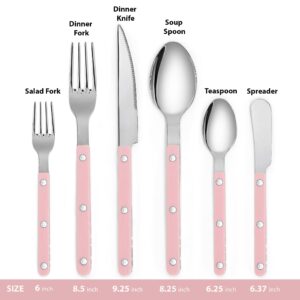 PINKRELLA 6-Piece Stainless Steel Flatware Silverware Cutlery Set - Color Handle with Rivet/Retro Style - Includes Dinner Knife; Dinner Fork; Salad Fork; Soup Spoon; Teaspoon; Spreader (PINK)