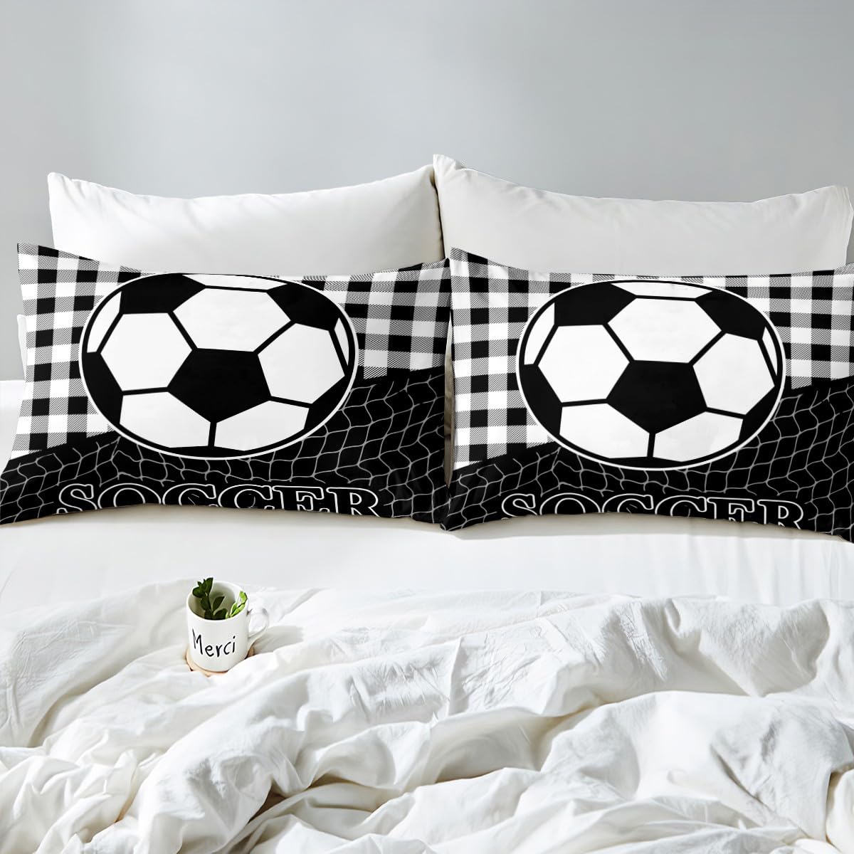 Feelyou Soccer Bedding Set for Girls Boys Kids Twin Size Black White Comforter Cover Set Room Decorative Geometric Pattern Duvet Cover Sports Theme Bedspread Cover 2Pcs Bedclothes