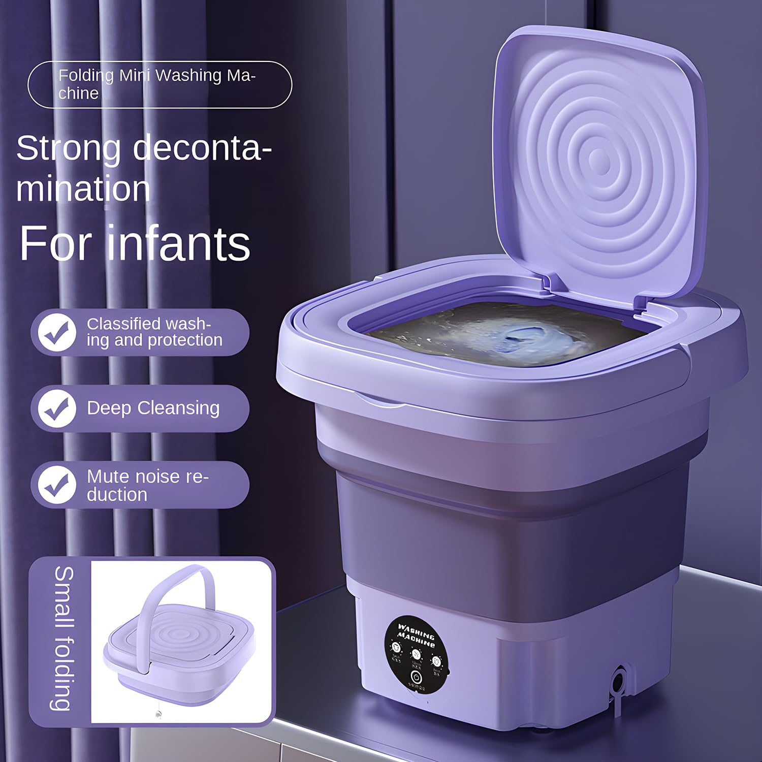 Portable Washing Machine,BHTNYOO Mini Washers Dryers Baby Clothing,underweal,Socks, Small clothes Moving Folding Washers with Drying Basket,for Apartments, Dormitories Touch control(Purple 8L)