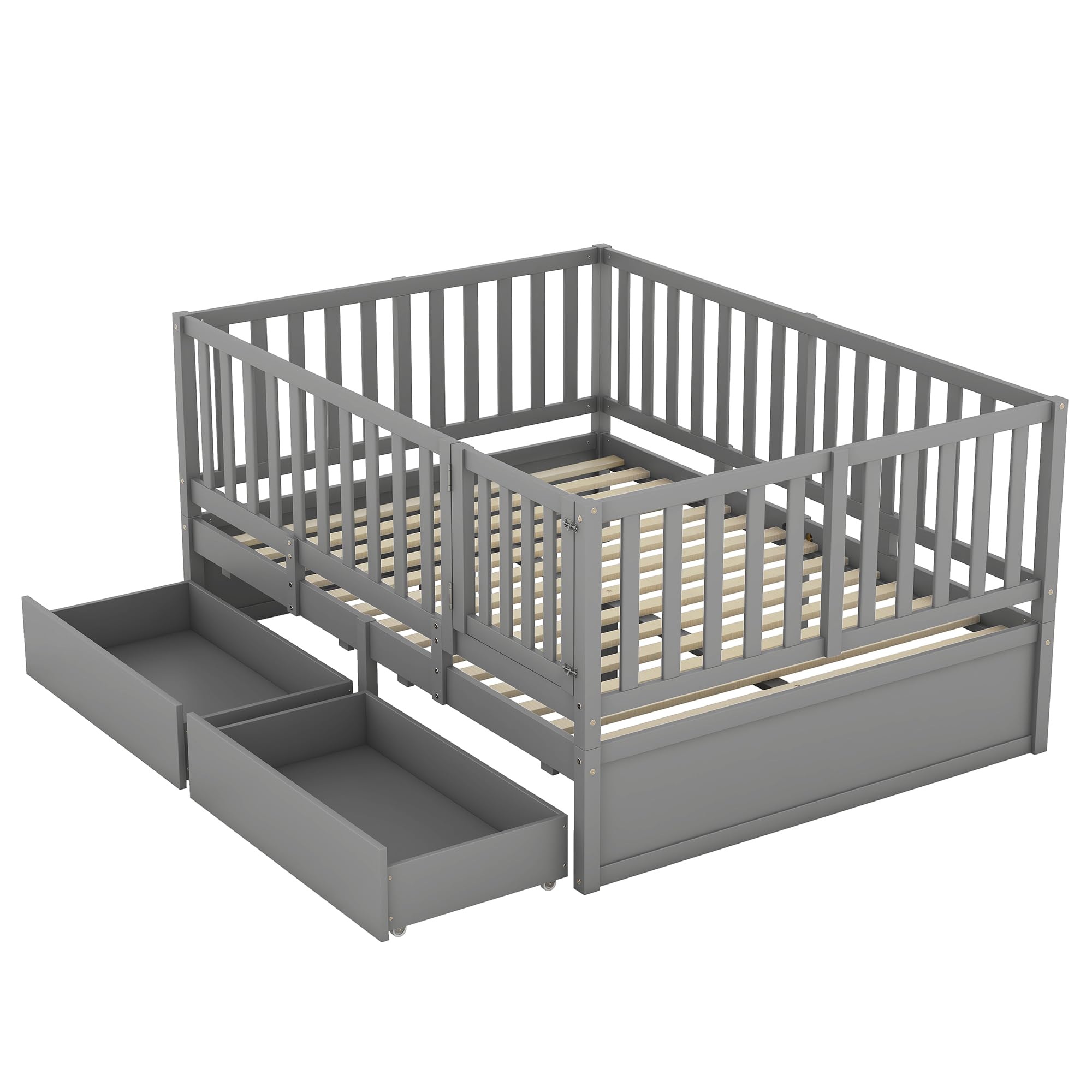 Harper & Bright Designs Kids Full Size Bed with Storage Drawers and Rails Fence, Wood Daybed Frame Montessori Bed for Girls Boys, Can Split into Independent Floor Bed & Daybed, Gray