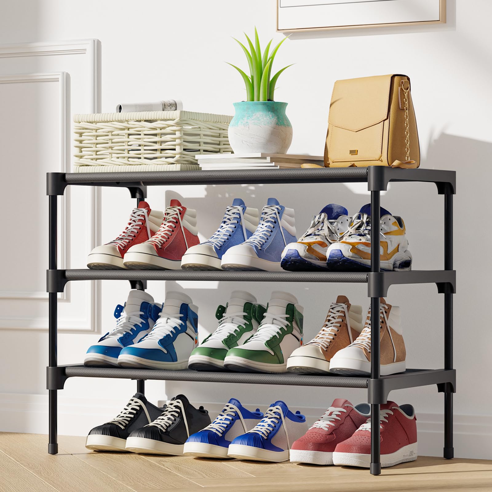 Kitsure Shoe Rack - Premium Non-Woven Shoe Rack Shelf, Shoe Organizer for Closet, Entryway, Garage & Corridor, Sturdy & Durable Long Stackable Shoe Shelves, Medium, Black