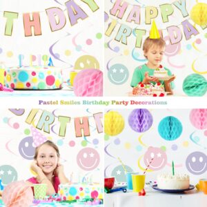 meowtastic Pastel Birthday Decorations - Macaron Happy Birthday Banner with Honeycomb, Smiley Face Hanging Swirl Streamer, Circle Dot Garland Decorations - Birthday Party Decorations for Boys Girls