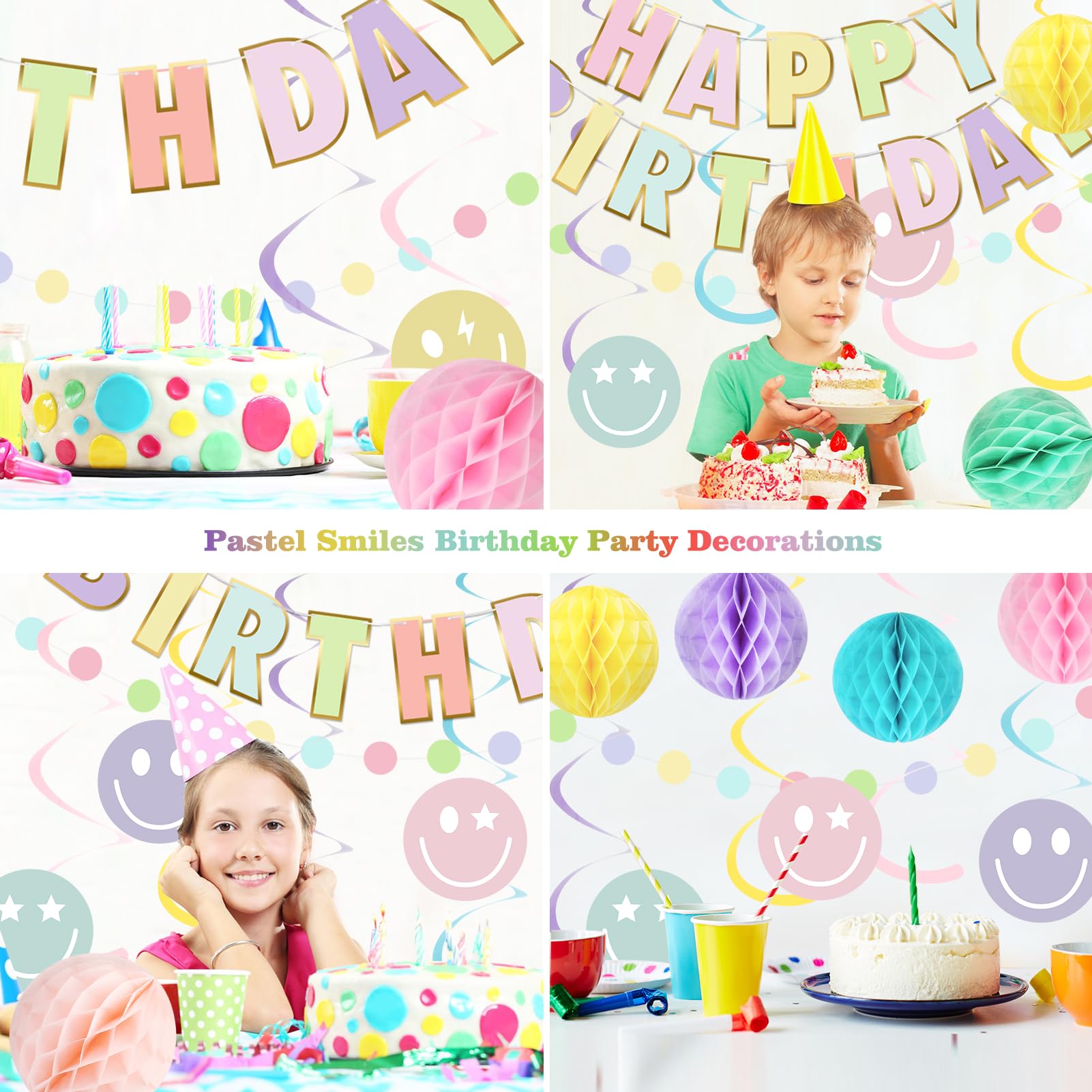 meowtastic Pastel Birthday Decorations - Macaron Happy Birthday Banner with Honeycomb, Smiley Face Hanging Swirl Streamer, Circle Dot Garland Decorations - Birthday Party Decorations for Boys Girls