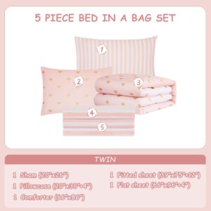 Wink Deer Kids Pink Bedding Sets, 5 Piece Twin Comforter Set with Sheets, Gold Heart Shaped Pink Cute Bedding for Girls, Twin Bed in a Bag(Twin, 66" X 86")