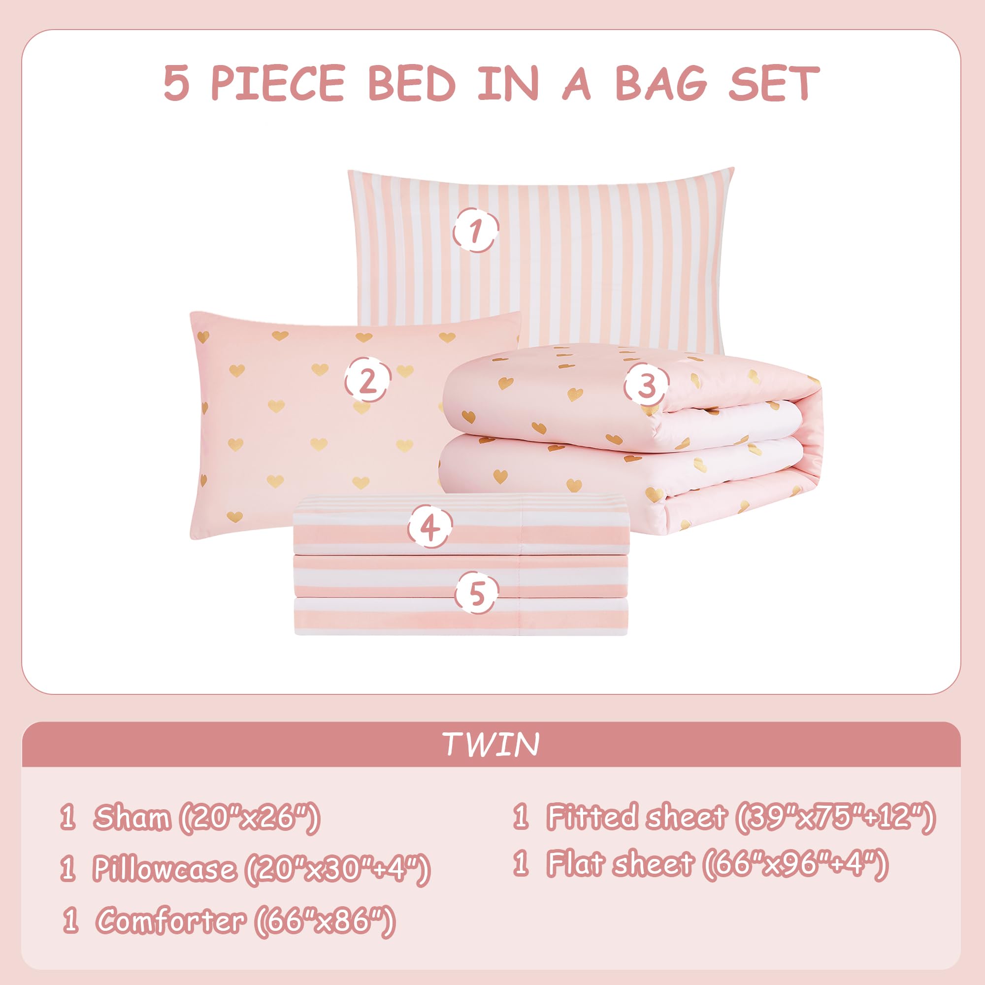 Wink Deer Kids Pink Bedding Sets, 5 Piece Twin Comforter Set with Sheets, Gold Heart Shaped Pink Cute Bedding for Girls, Twin Bed in a Bag(Twin, 66" X 86")