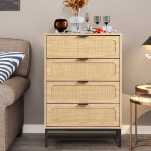 affeivul mid century modern dresser, 4 drawer rattan dresser for bedroom wood, boho wooden rattan storage cabinet side table with solid metal legs, tall skinny dresser for closet (natural)